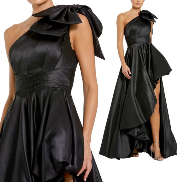Mac Duggal Dresses & Skirts - Mac Duggal 11800 Womens Size 14 Black Satin One Shoulder Bow Gown Maxi Dress